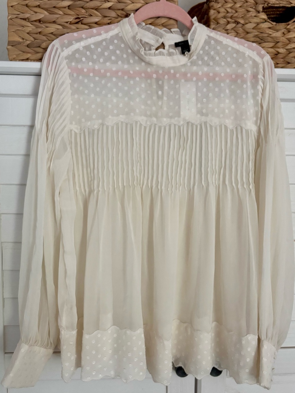 Ann Taylor Cream Polka Dot Sheer Flowy Blouse Top L
